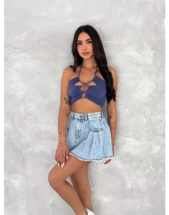 Kot Jeans Kesimetrik Kesim Cepli Şortlu Etek - Mavi