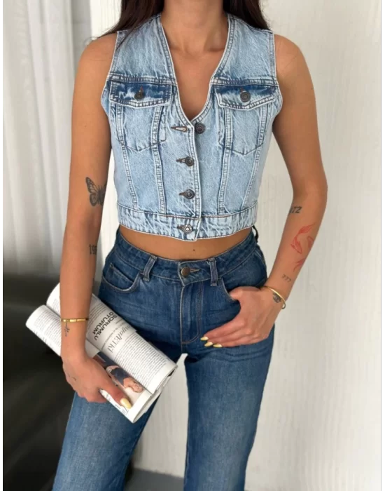 Kot Jeans Yelek - Buz Mavisi