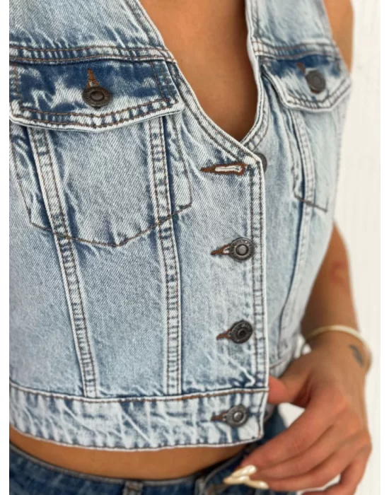 Kot Jeans Yelek - Buz Mavisi