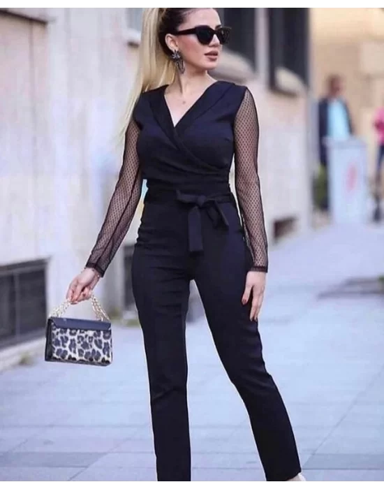 Krep Kumaş Kol Tül Puan Detaylı Kuşaklı Tulum 141 Cm