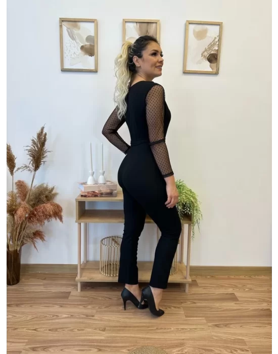 Krep Kumaş Kol Tül Puan Detaylı Kuşaklı Tulum 141 Cm