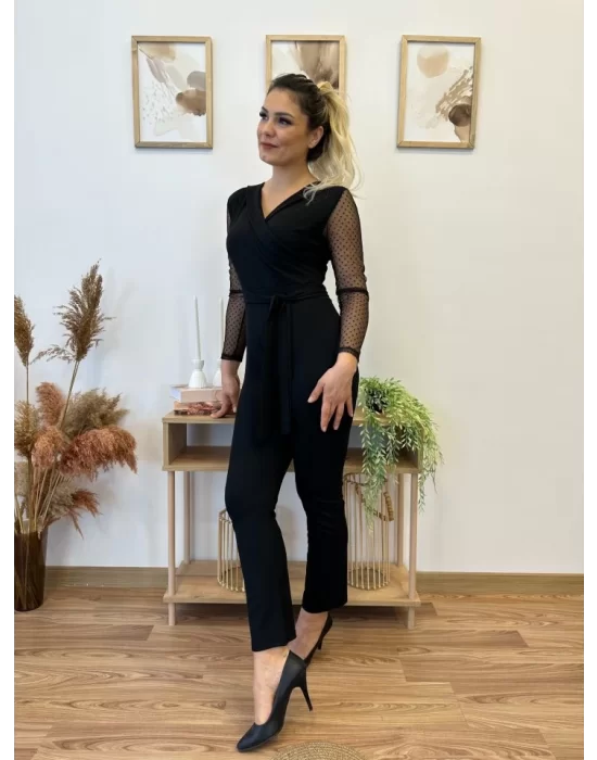 Krep Kumaş Kol Tül Puan Detaylı Kuşaklı Tulum 141 Cm