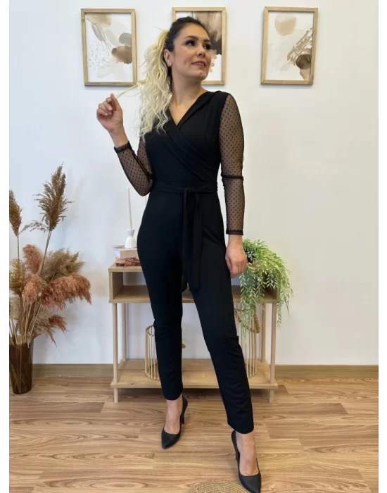 Krep Kumaş Kol Tül Puan Detaylı Kuşaklı Tulum 141 Cm