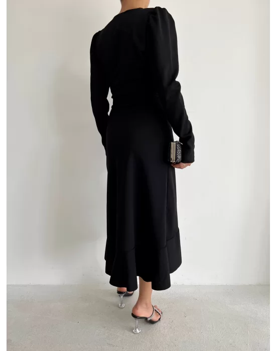 Krep Kumaş Midi Boy Kuşaklı Uzunkol Elbise 113 Cm