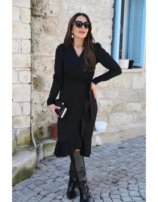 Krep Kumaş Midi Boy Kuşaklı Uzunkol Elbise 113 Cm