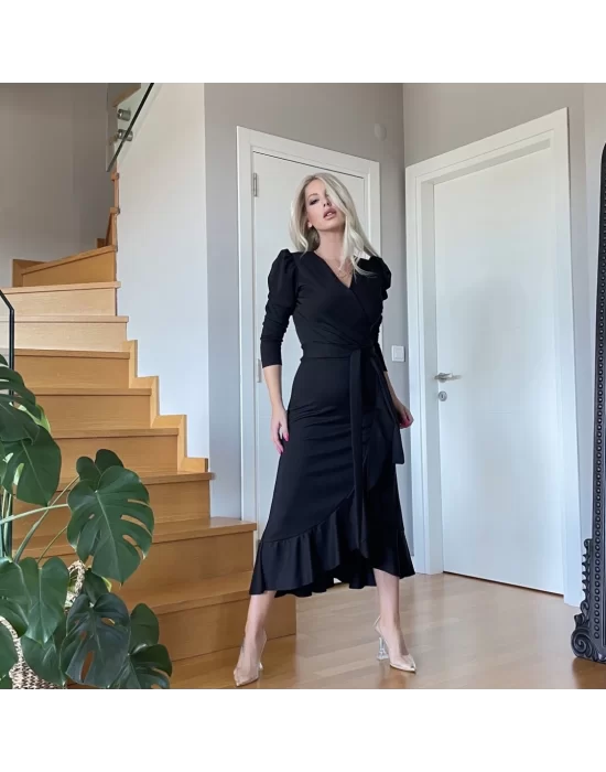 Krep Kumaş Midi Boy Kuşaklı Uzunkol Elbise 113 Cm
