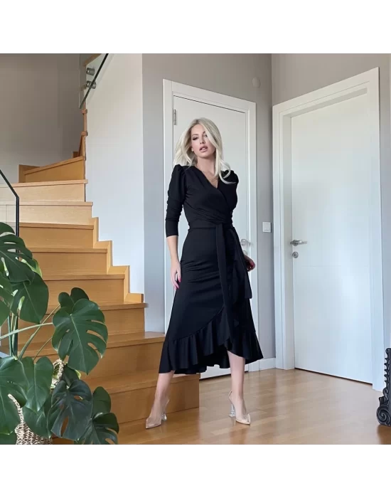 Krep Kumaş Midi Boy Kuşaklı Uzunkol Elbise 113 Cm