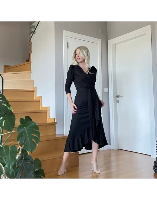 Krep Kumaş Midi Boy Kuşaklı Uzunkol Elbise 113 Cm