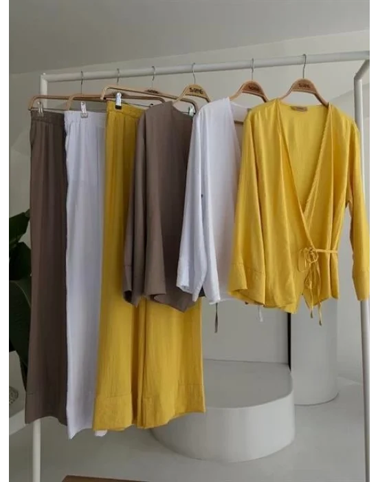 Kruvaze Model Klasik Pantolonlu Çupra Keten Takım 10191