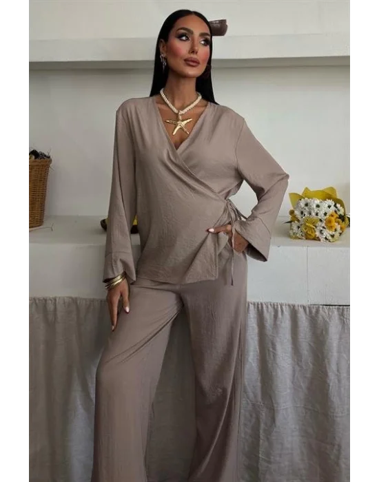 Kruvaze Model Klasik Pantolonlu Çupra Keten Takım 10191
