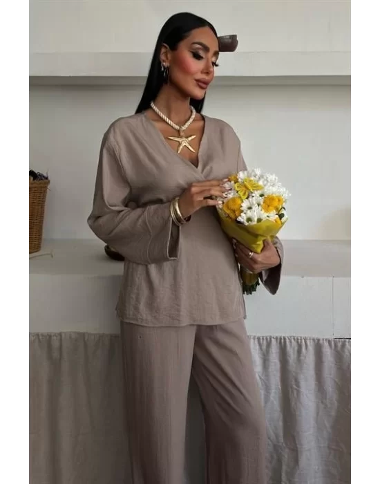 Kruvaze Model Klasik Pantolonlu Çupra Keten Takım 10191
