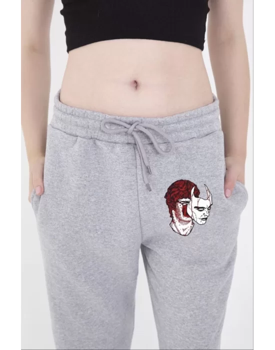 Lastikli Baskılı Eşofman Pantolon - Gri