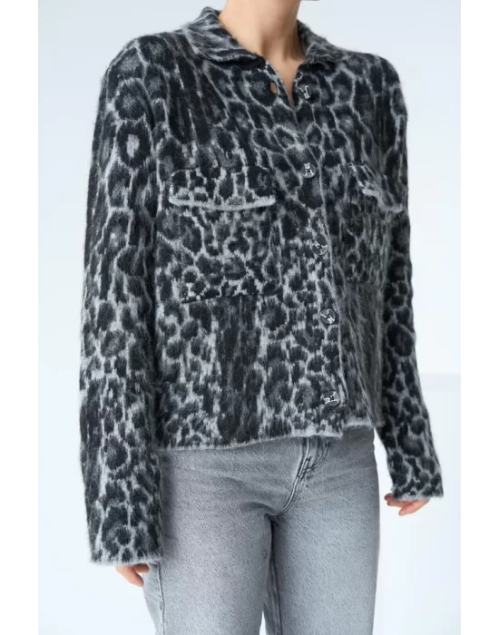 Leopar Desen Jakarlı Hırka - Siyah-Açık Gri
