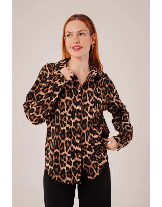 Leopar Desen Rahat Kalıp Gömlek