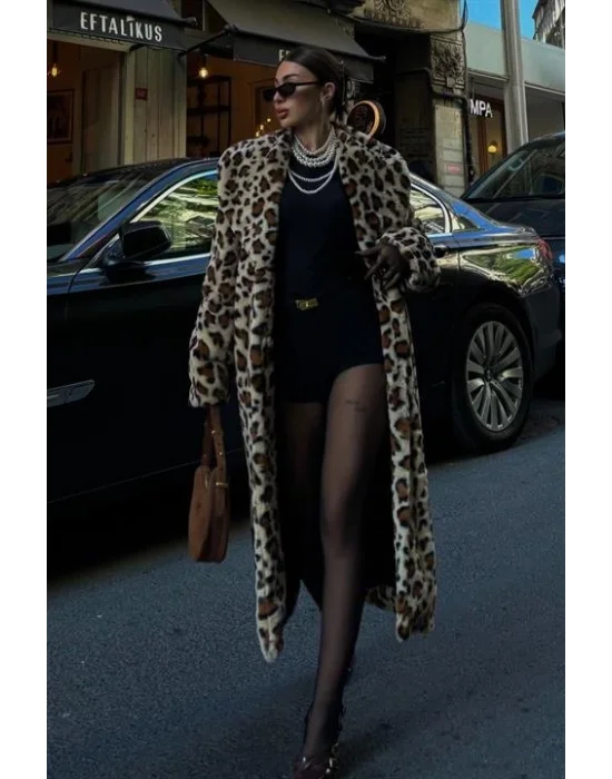 Leopar Desenli İçi Astarlı Peluş Kaban 7065