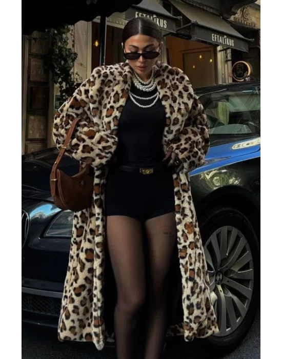 Leopar Desenli İçi Astarlı Peluş Kaban 7065