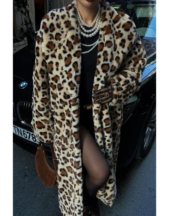 Leopar Desenli İçi Astarlı Peluş Kaban 7065