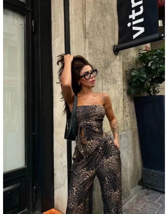 Leopar Desenli önden Bağlamalı Bluz Pantolon İkili Takım -Leopar