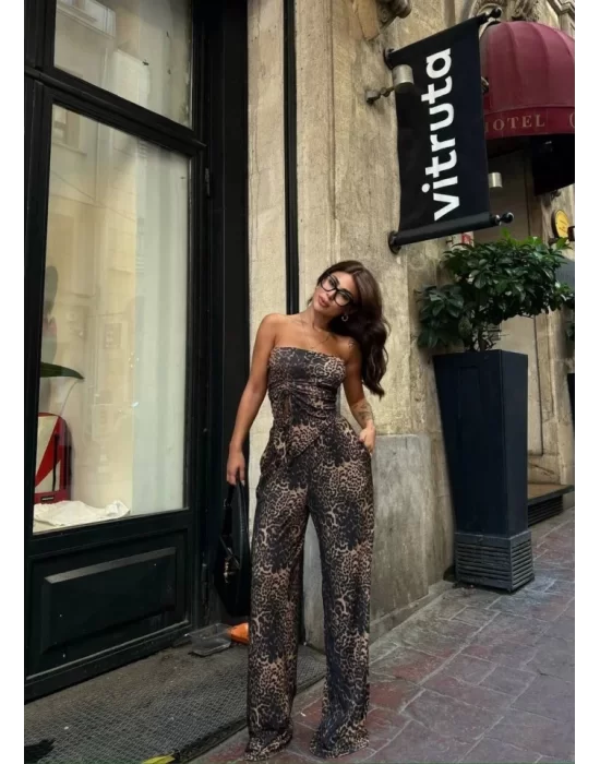 Leopar Desenli önden Bağlamalı Bluz Pantolon İkili Takım -Leopar