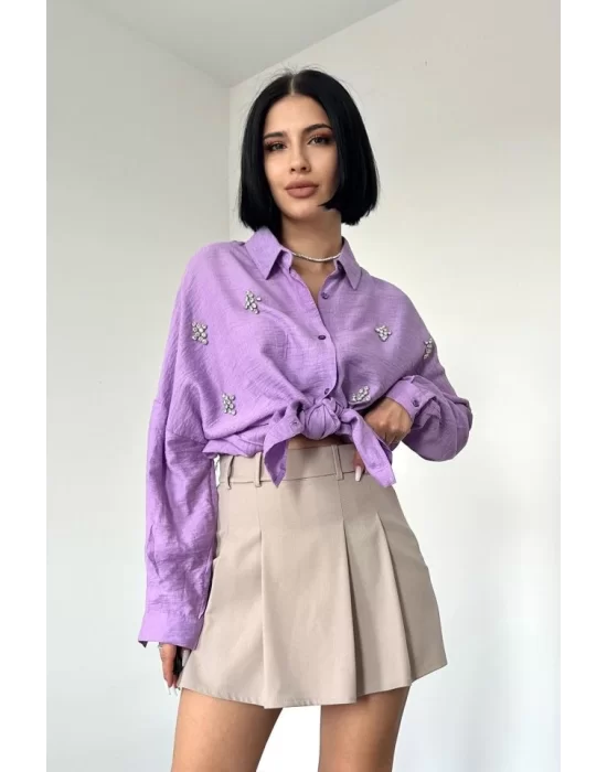 Lila Kristal Taşlı Gömlek