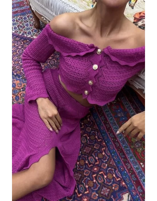 Madonna Yaka Derin Yırtmaç Etekli Şık Triko Takım 10099