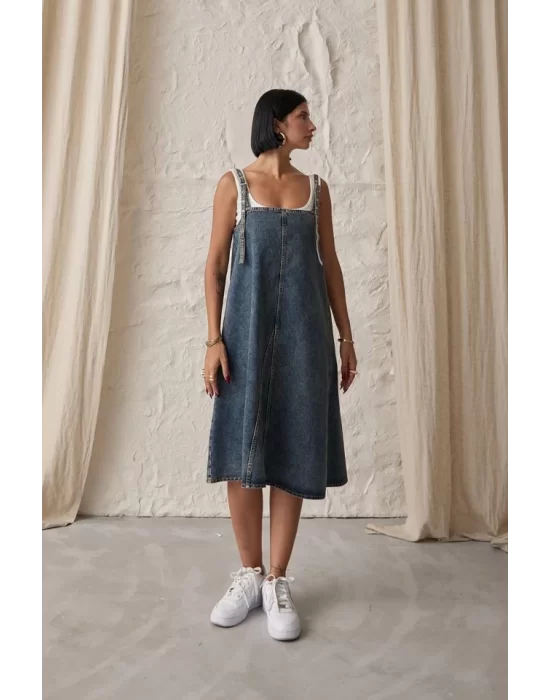 Mavi Askı Aparatlı Kot Elbise