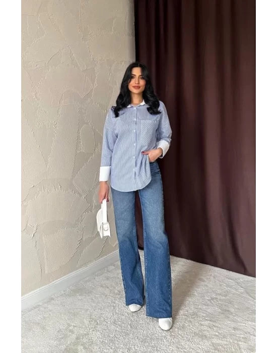 Mavi Çizgili Poplin Uzun Kol Gömlek