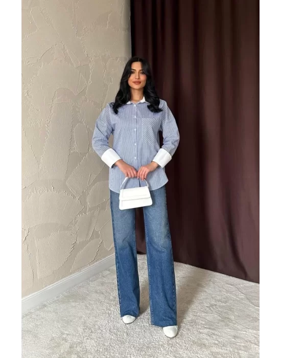 Mavi Çizgili Poplin Uzun Kol Gömlek