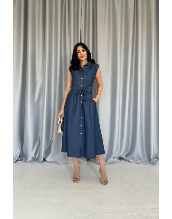 Mavi Tencel Çıtçıtlı Elbise