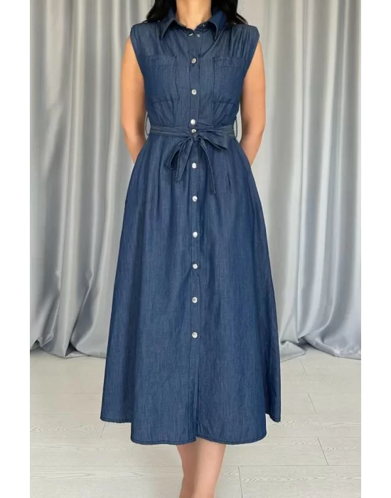 Mavi Tencel Çıtçıtlı Elbise