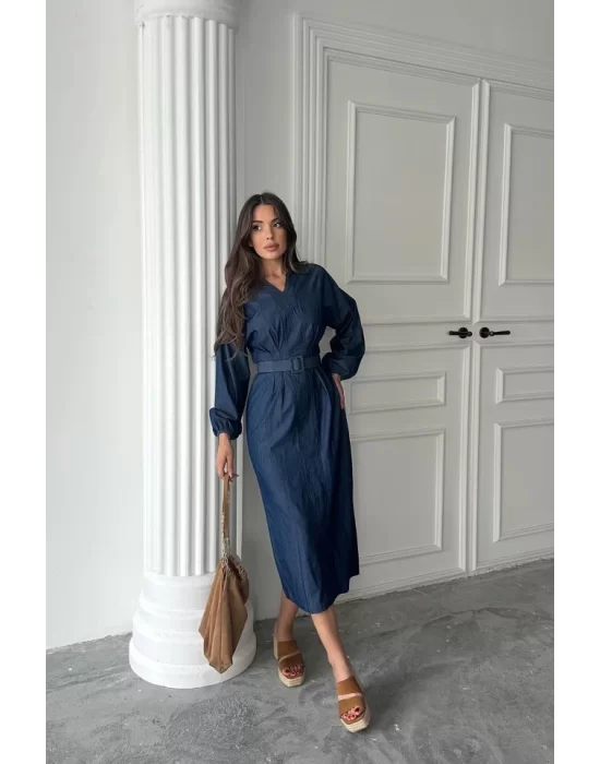 Mavi Tencel Uzun Kollu Elbise