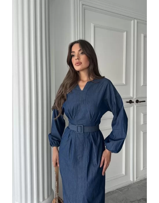 Mavi Tencel Uzun Kollu Elbise