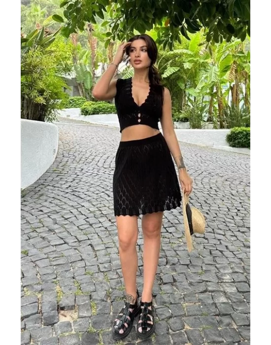 Melua Kroşe Crop Yelek Takım 9858