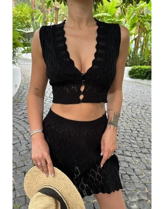 Melua Kroşe Crop Yelek Takım 9858