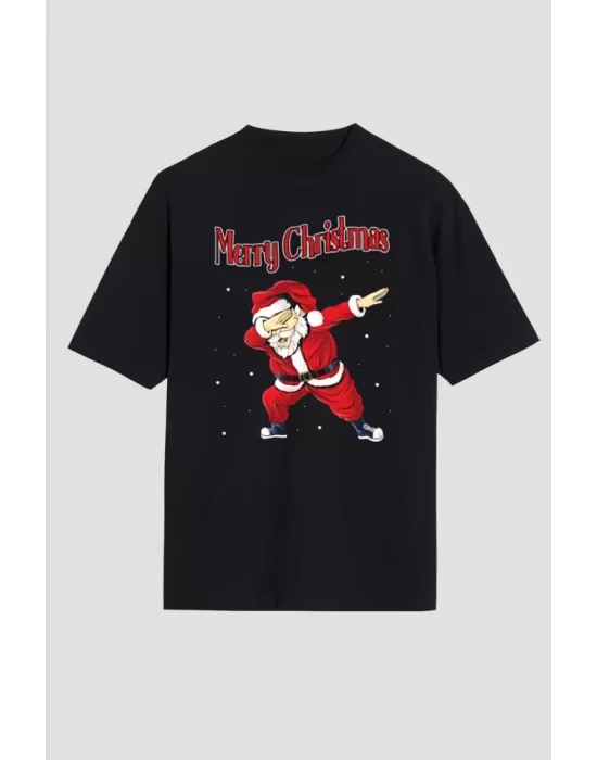 Merry Christmas Baskılı Noel Babalı T-shirt - Siyah