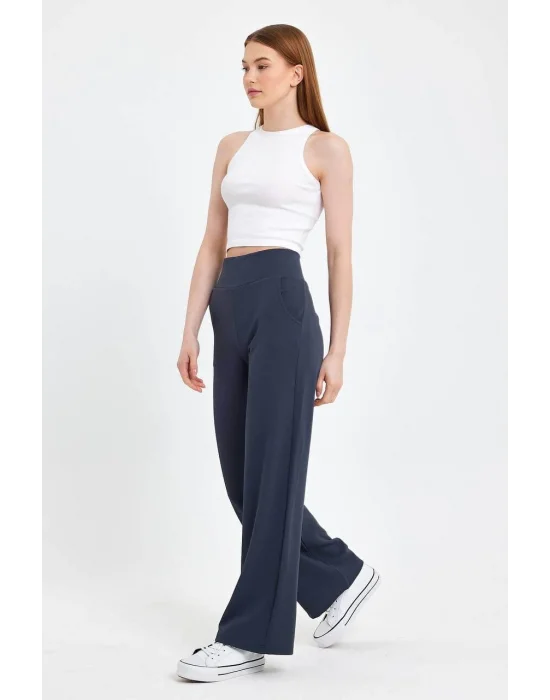 MetuCa Kadın Antrasit Korsaj  Yüksek Bel Cepli Palazzo Geniş Paça Krep Kumaş Pantolon