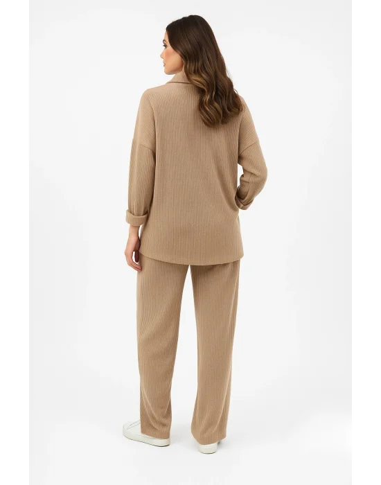 MetuCa Kadın Bej Pamuk Bürümcük Takım Gömlek ve Beli Lastikli Geniş Paça Pantolon