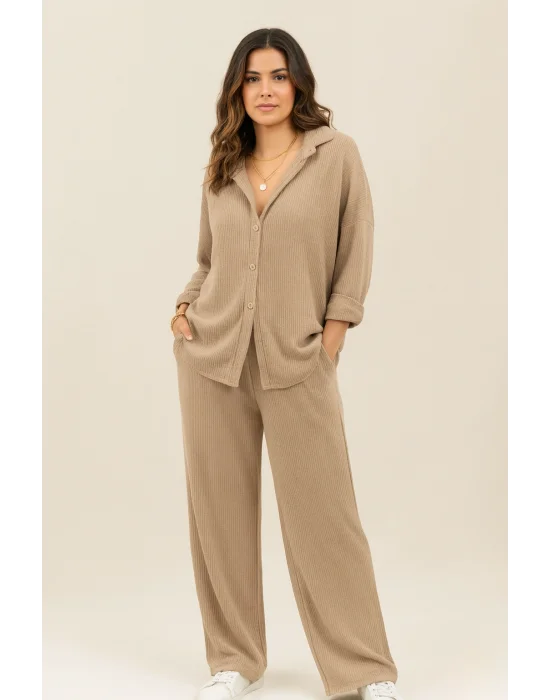 MetuCa Kadın Bej Pamuk Bürümcük Takım Gömlek ve Beli Lastikli Geniş Paça Pantolon