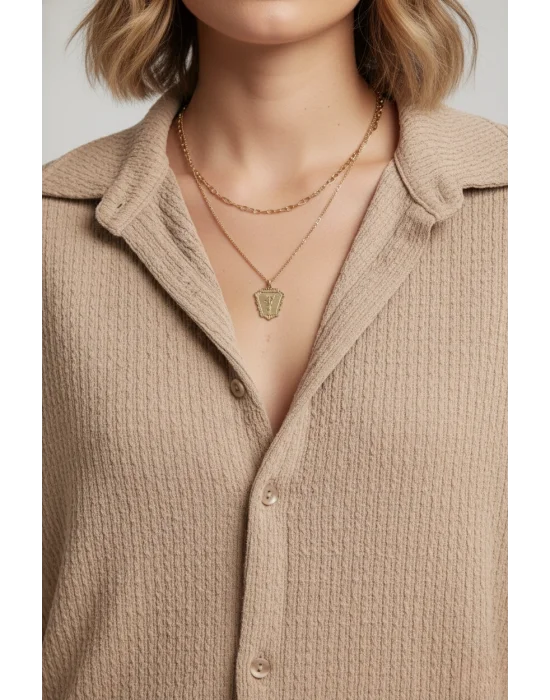 MetuCa Kadın Bej Pamuk Bürümcük Takım Gömlek ve Beli Lastikli Geniş Paça Pantolon