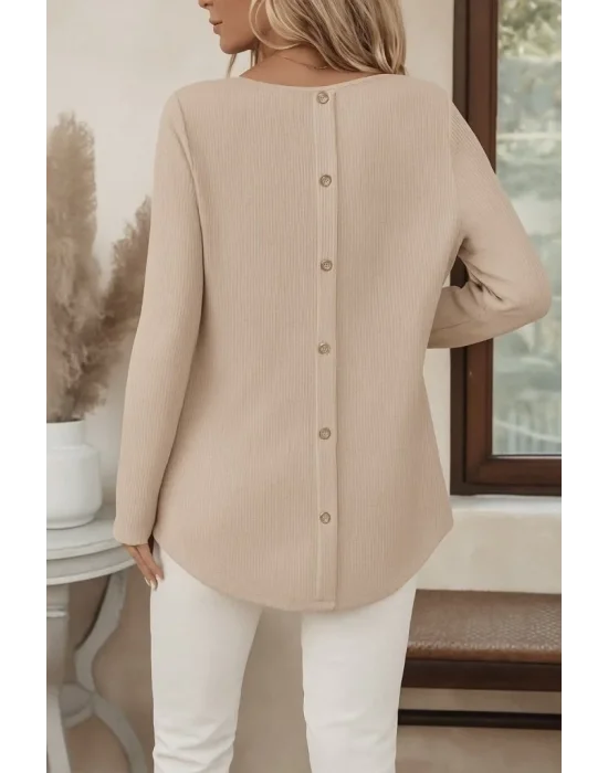 MetuCa Kadın Bej Uzun Kollu Sırtı Düğmeli Bisiklet Yaka Waffle Kumaş Bluz Tunik