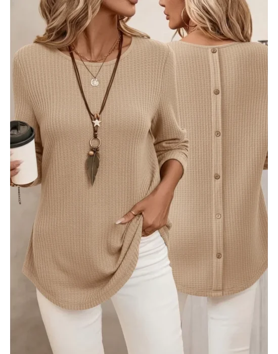 MetuCa Kadın Bej Uzun Kollu Sırtı Düğmeli Bisiklet Yaka Waffle Kumaş Bluz Tunik