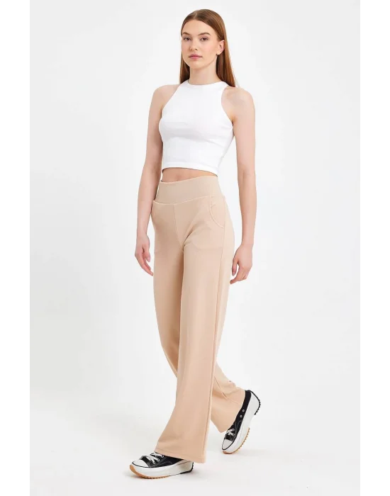 MetuCa Kadın Bej Korsaj Yüksek Bel Cepli Palazzo Geniş Paça Krep Kumaş Pantolon