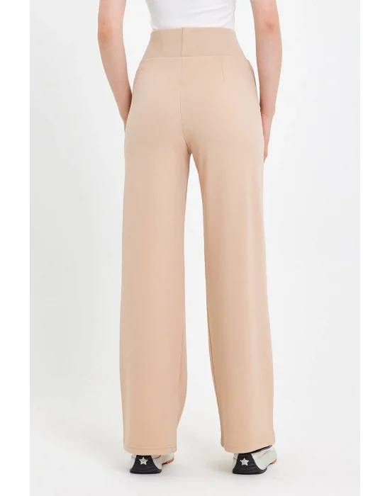 MetuCa Kadın Bej Korsaj Yüksek Bel Cepli Palazzo Geniş Paça Krep Kumaş Pantolon