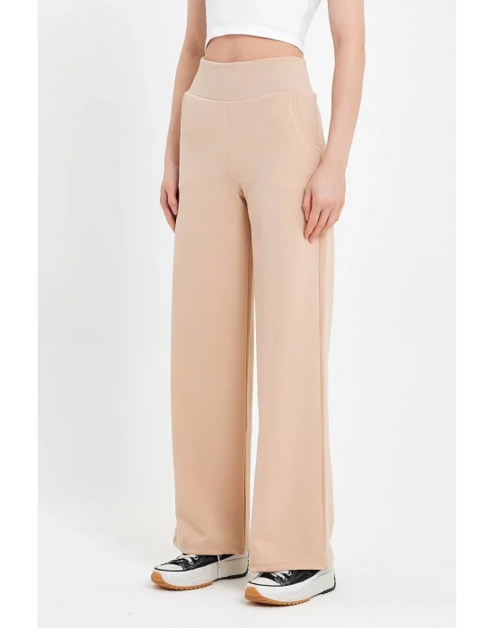 MetuCa Kadın Bej Korsaj Yüksek Bel Cepli Palazzo Geniş Paça Krep Kumaş Pantolon