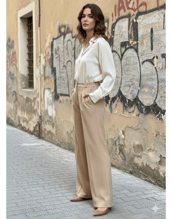 MetuCa Kadın Bej Yüksek Bel Pensli Palazzo Geniş Paça Dökümlü Dokuma Kumaş Pantolon