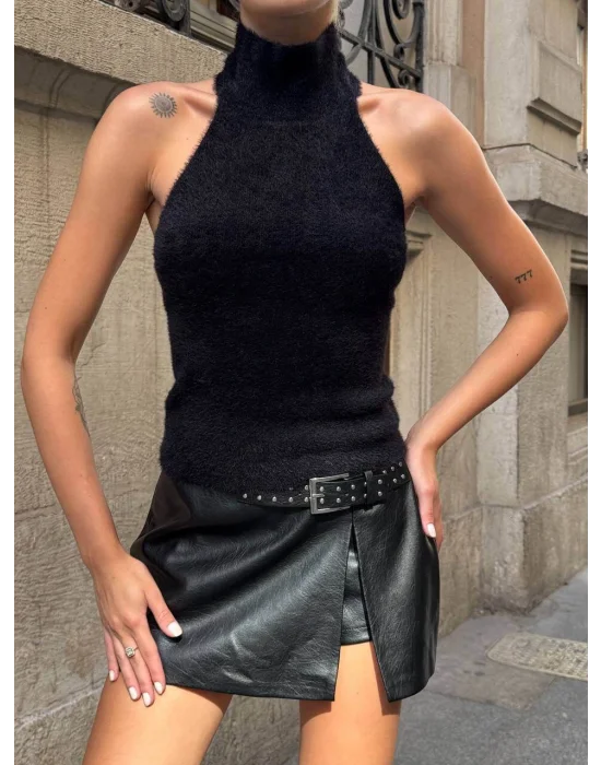 MetuCa Kadın Siyah Balıkçı Halter Yaka Sırtı Açık Yumuşak Dokulu Tüylü Triko Büstiyer Bluz