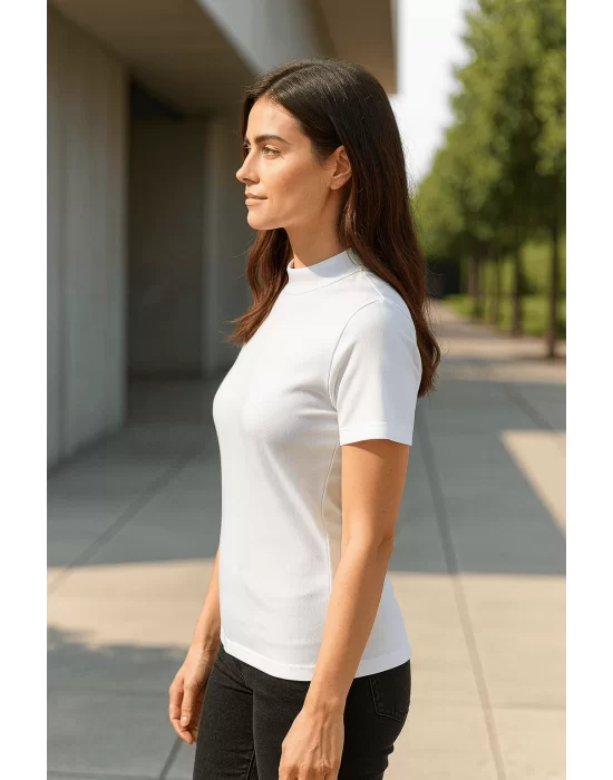 MetuCa Kadın Beyaz Balıkçı Yaka Likralı Pamuklu Vücudu Saran Basic Fit Tişört Bluz