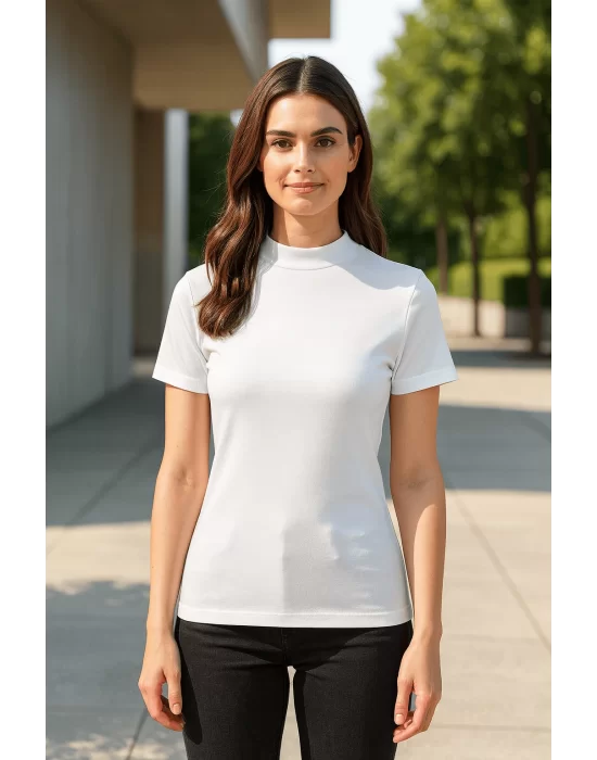 MetuCa Kadın Beyaz Balıkçı Yaka Likralı Pamuklu Vücudu Saran Basic Fit Tişört Bluz