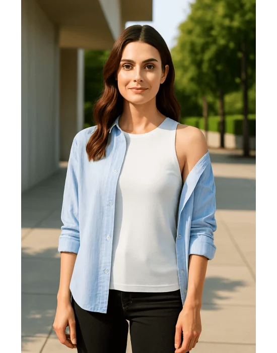 MetuCa Kadın Beyaz Bisiklet Yaka Sıfır Kol Likralı Pamuklu Vücudu Saran Basic Atlet