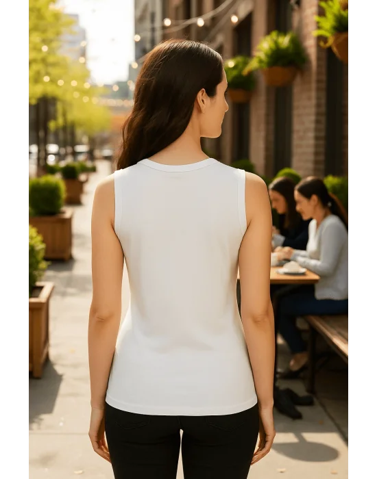 MetuCa Kadın Beyaz Bisiklet Yaka Sıfır Kol Likralı Pamuklu Vücudu Saran Basic Atlet